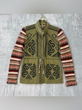 Flying Tomato Embellished Canvas Jacket Fair Isle Sweater Sleeves Snap Aztec S